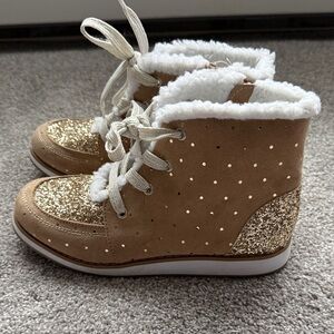 Self Esteem Tan Glitter Lace-Up Kids Boots with White Faux Fur